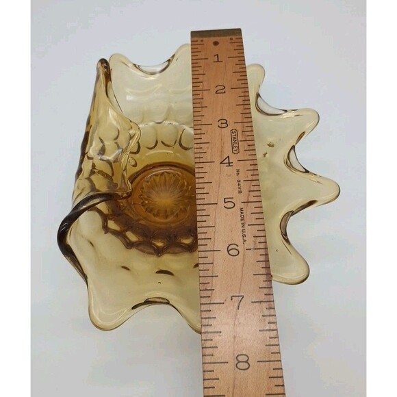 Amber Ashtray Dish Wave Art Glass MCM Folded Edge Footed  7.5” Vintage - Picture 3 of 5